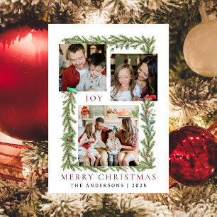 Botanical Frame Christmas Elegant Family 3 Photo Holiday Card