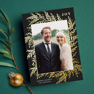 Botanical Frame Holiday Photo Black Gold Foil Card