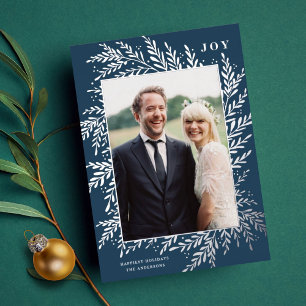 Botanical Frame Holiday Photo Silver Foil Card
