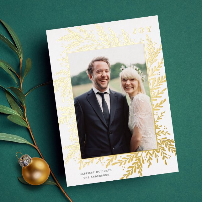 Botanical Frame Holiday Photo White Gold Foil Card (Creator Uploaded)