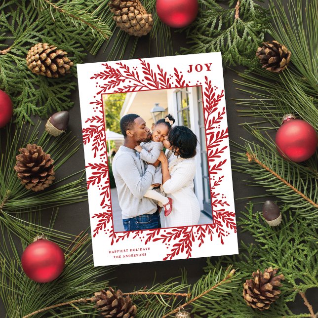 Botanical Frame JOY Red Holiday Photo Card (Creator Uploaded)