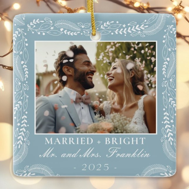 botanical frame photo 1st Christmas Married Ceramic Ornament (Creator Uploaded)