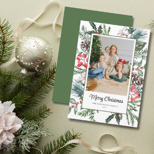 Botanical Frame Photo Merry Christmas Holiday Card