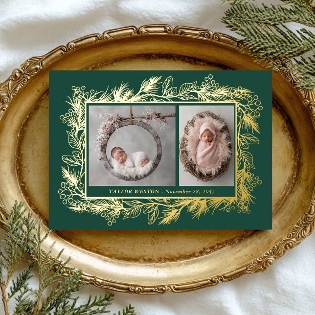 Botanical Frame Winter Foliage New Baby Foil Holiday Card (Creator Uploaded)