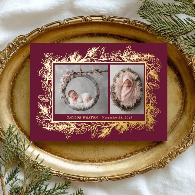 Botanical Frame Winter Foliage New Baby Foil Holiday Card (Creator Uploaded)
