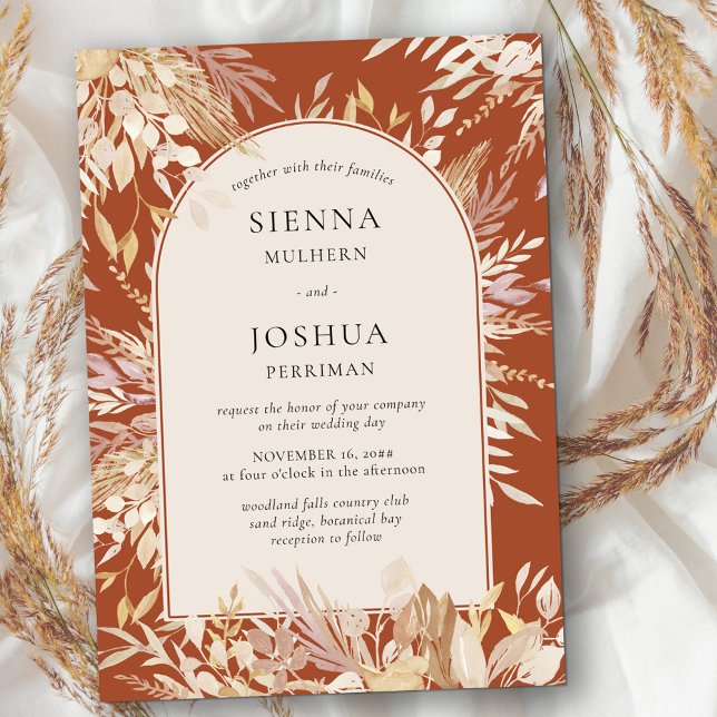 Botanical Framed Arch Terracotta Cream Wedding Invitation (Wedding Arch Invitation in Terracotta with neutral fall leaves)