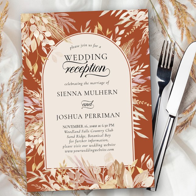 Botanical Framed Arch Terracotta Wedding Reception Invitation (Arch Wedding Reception Invitation Card for the evening - terracotta burnt orange and neutral foliage)