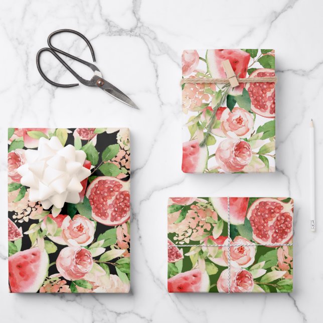 Botanical Fruit and Flowers  Wrapping Paper Sheet (Front)