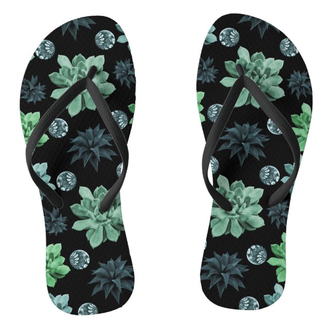 Botanical Garden Cute Teal Succulent Pattern Thongs (Footbed)