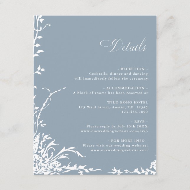 Botanical Garden Dusty Blue Wedding Details Enclosure Card (Front)