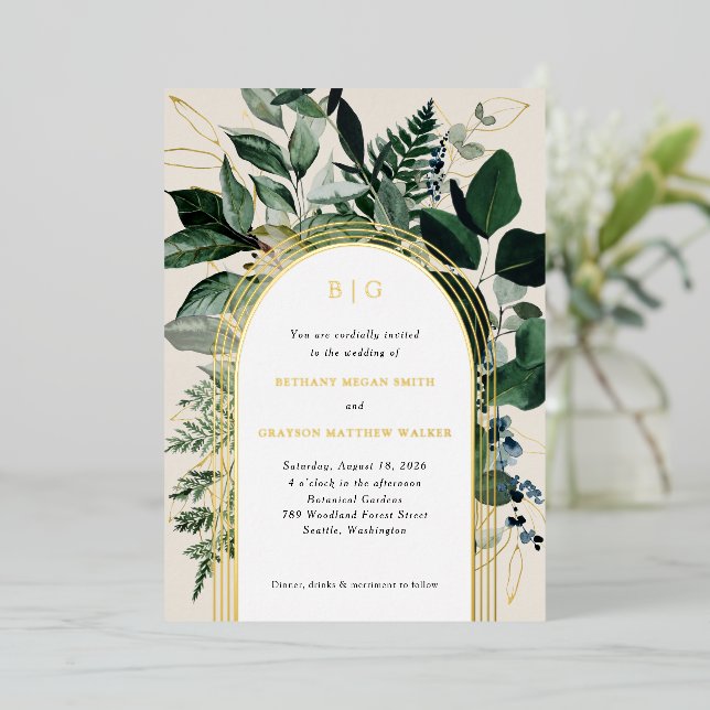 Botanical garden foil arched wedding invites (Standing Front)