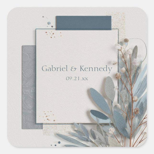 Botanical Geometric Blue and Beige Wedding  Square Sticker (Front)