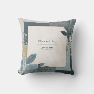 Botanical Geometric Blue and Gold Wedding Cushion