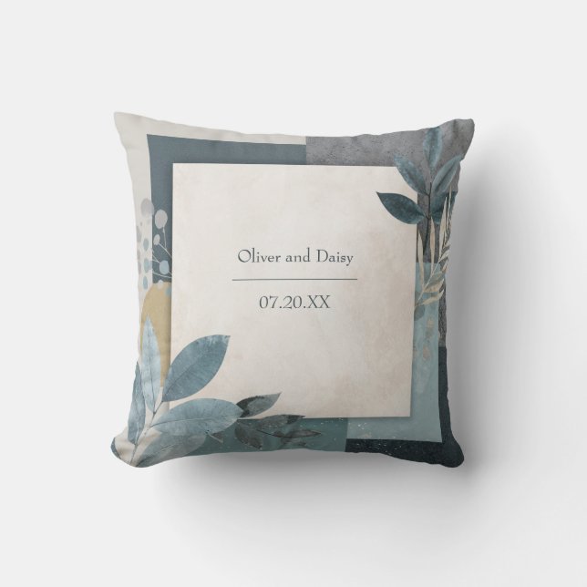 Botanical Geometric Blue and Gold Wedding Cushion (Front)