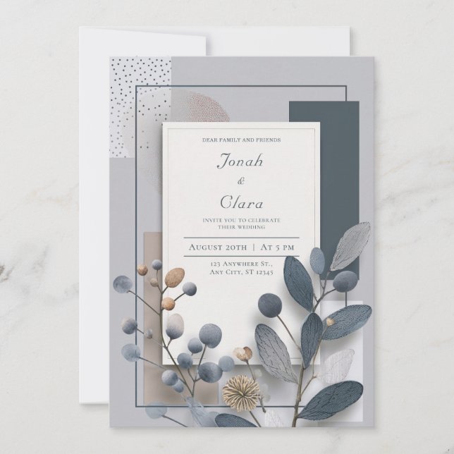Botanical Geometric Blue and Neutral Wedding  Invitation (Front)