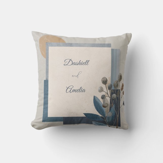 Botanical Geometric Blue Earth Tones Wedding  Cushion (Front)