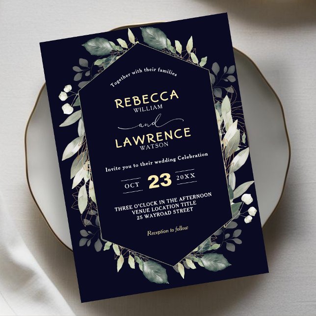 Botanical geometric green frame wedding Invitation (Creator Uploaded)