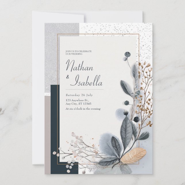 Botanical Geometric Neutral Blue Beige Wedding Invitation (Front)