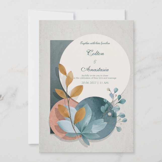 Botanical Geometric Terracotta Blue Green Wedding Invitation (Front)