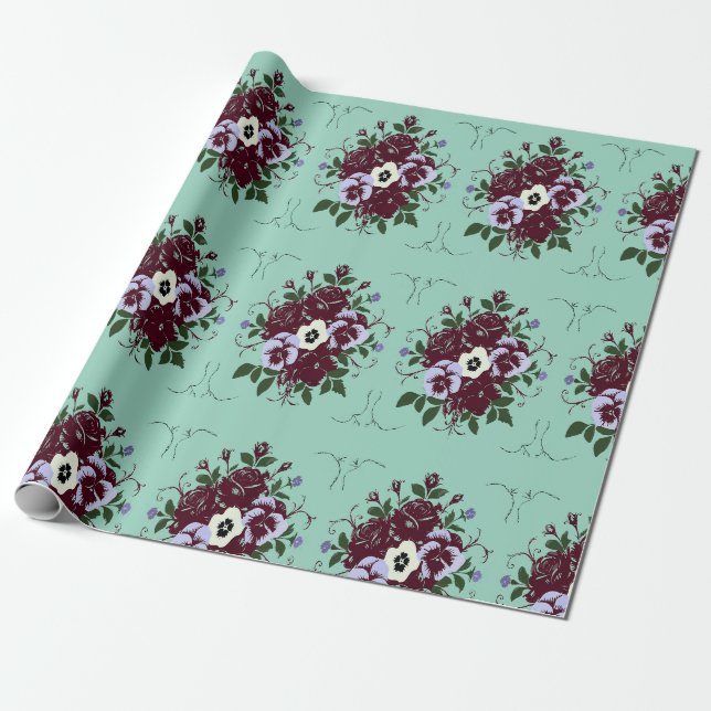 Botanical Gift Wrap Violet Rose Bouquets (Unrolled)
