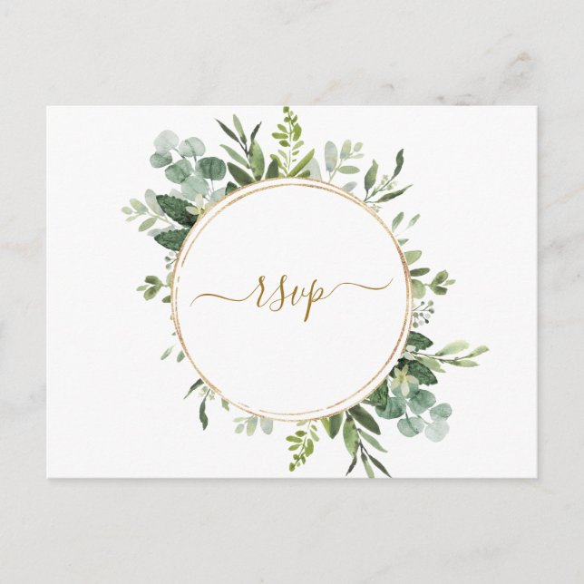 Botanical Gold Circle Wreath Wedding RSVP Invitation Postcard (Front)