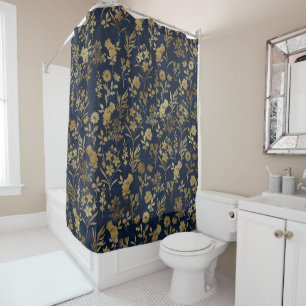 Botanical Gold Flowers Blue Pattern Shower Curtain