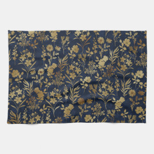 Botanical Gold Flowers Blue Pattern Tea Towel
