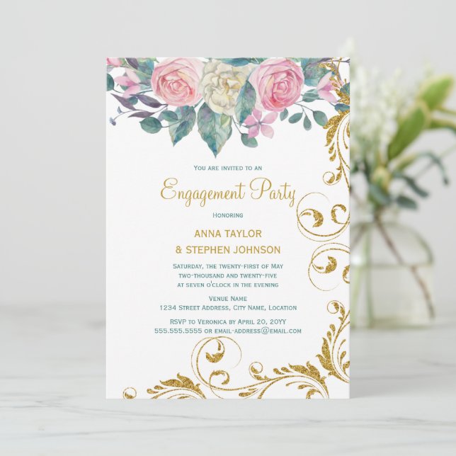 Botanical Gold Glitter Swirls Engagement Party Invitation (Standing Front)