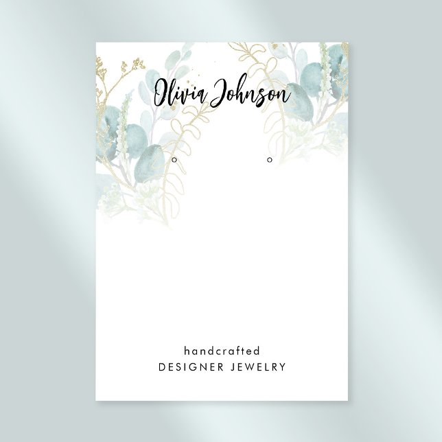 Botanical Gold Green Jewellery Earring Display Business Card (Stylishly Personalize with Your Custom Name. Add Optional Text.)