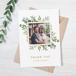 Botanical Gold Green Wedding Photo Thank You Card