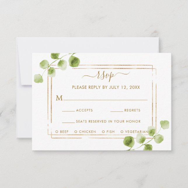 Botanical Gold Green Wedding RSVP with Meal Choice Card (Front)