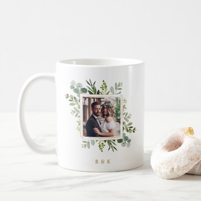 Botanical Gold Green Wreath Wedding 2 Photo Coffee Mug (With Donut)