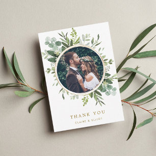Botanical Gold Green Wreath Wedding Photo Thank You Card