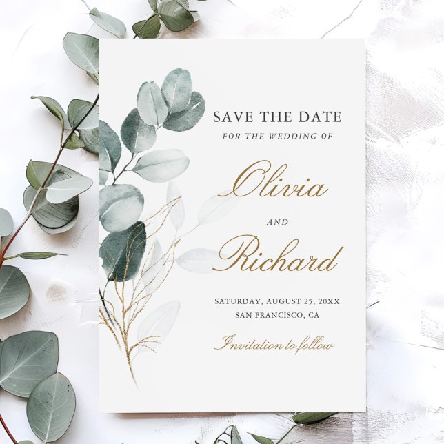 Botanical Gold Greenery Eucalyptus Wedding Save The Date (Creator Uploaded)