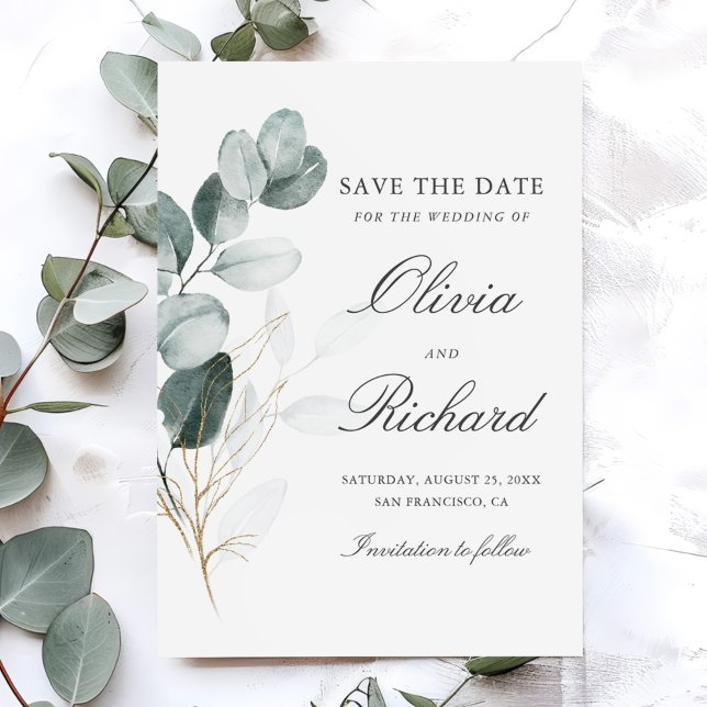 Botanical Gold Greenery Eucalyptus Wedding Save The Date (Creator Uploaded)