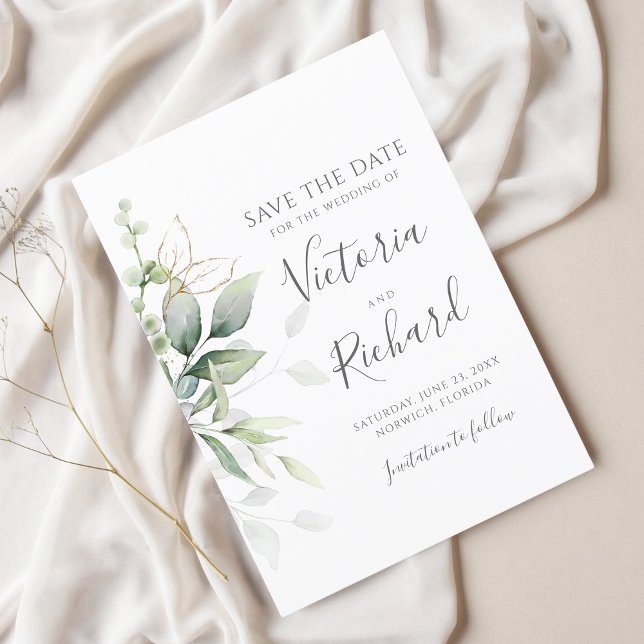 Botanical Gold Greenery Eucalyptus Wedding Save The Date (Creator Uploaded)