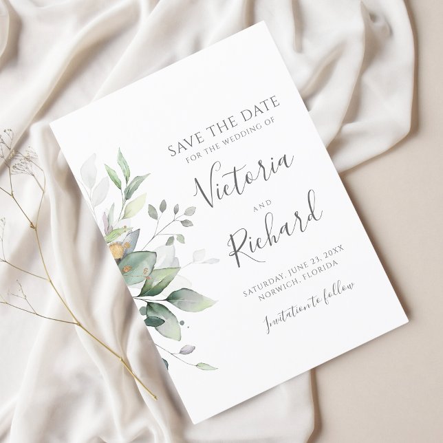 Botanical Gold Greenery Eucalyptus Wedding Save The Date (Creator Uploaded)