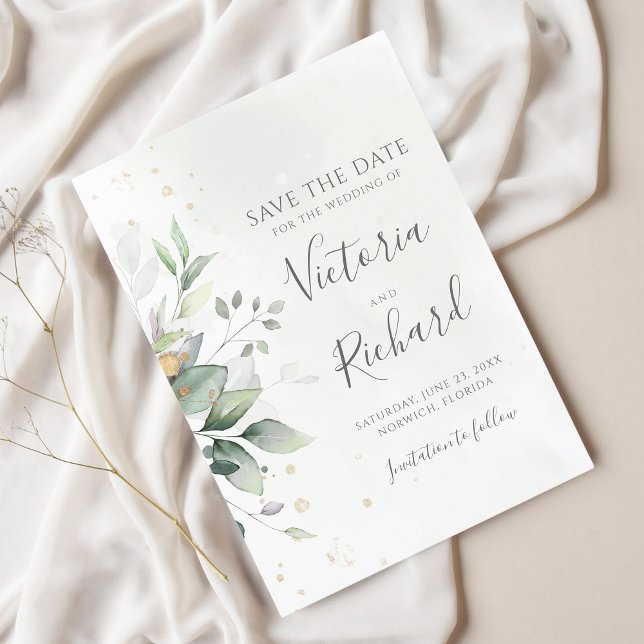 Botanical Gold Greenery Eucalyptus Wedding Save The Date (Creator Uploaded)