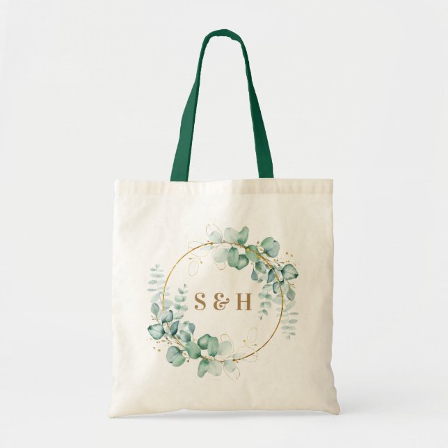 Botanical Gold Greenery Personalise Monogram Tote Bag (Front)