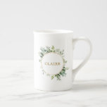 Botanical Gold Greenery Personalised Bone China Mug<br><div class="desc">This personalised coffee mug features painted watercolor eucalyptus greenery,  green leaves and a gold circular frame. For more advanced customisation of this design,  Please click the "Customise further" link.  Matching items are also available.</div>