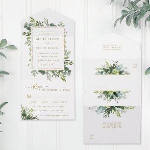 Botanical Gold Greenery Wedding All In One Invitation