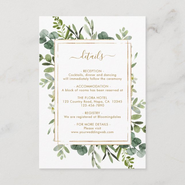 Botanical Gold Greenery Wedding Details Enclosure Card (Front)