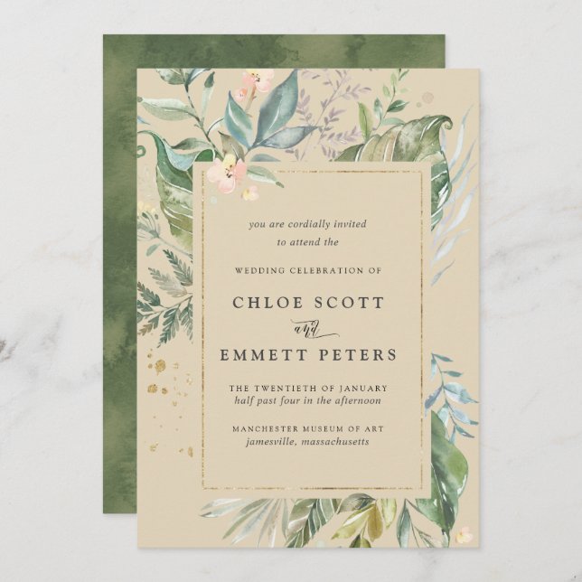 Botanical Gold Greenery Wedding Invitation (Front/Back)