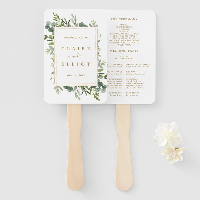 Botanical Gold Greenery Wedding Program Hand Fan (Front and Back)