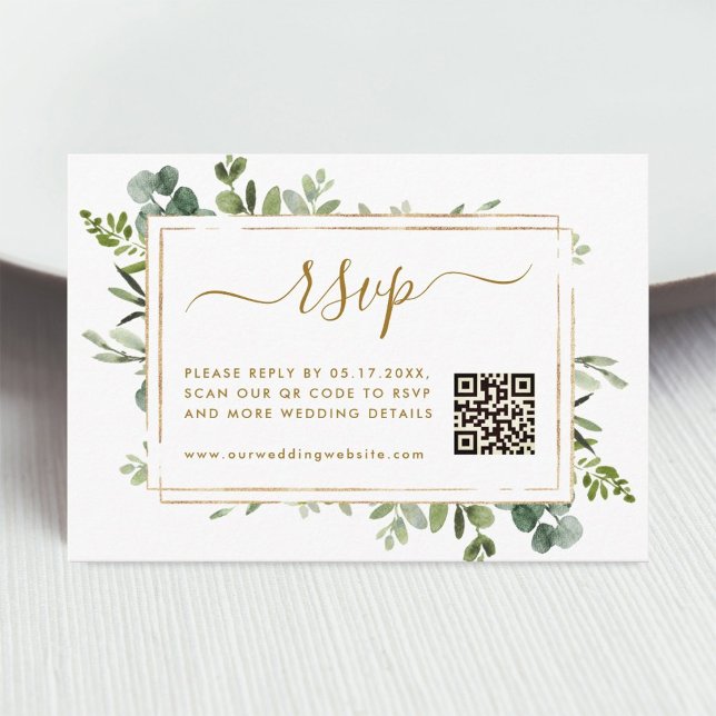 Botanical Gold Greenery Wedding RSVP with QR Code Enclosure Card (Creator Uploaded)