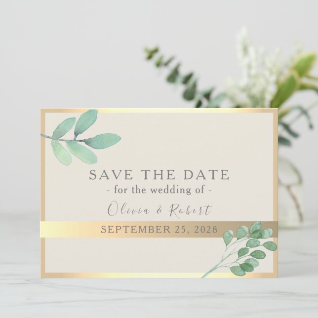 Botanical Gold Greenery Wedding Save Date Save The Date (Standing Front)