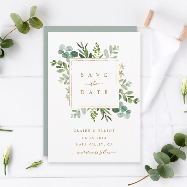Botanical Gold Greenery Wedding Save the Date Card (Creator Uploaded)