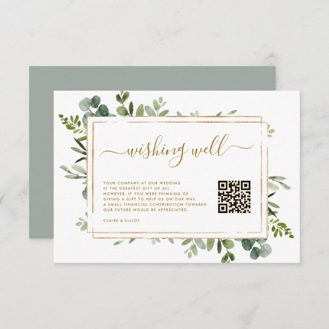 Botanical Gold Greenery Wishing Well with QR Code Enclosure Card (Front/Back)