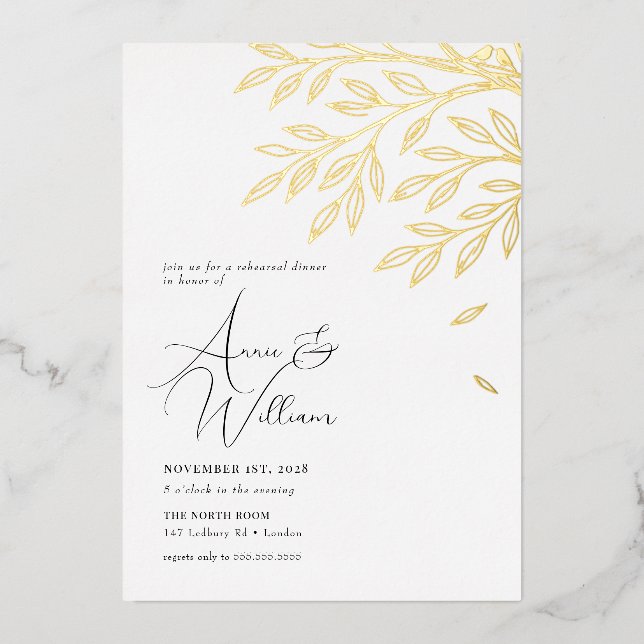 Botanical Gold Leaf Rehearsal Dinner Invitation (Front)