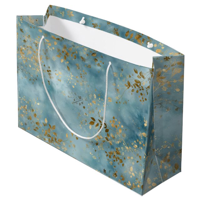 Botanical Gold Leaves Pattern Design Teal Large Gift Bag (Back Angled)